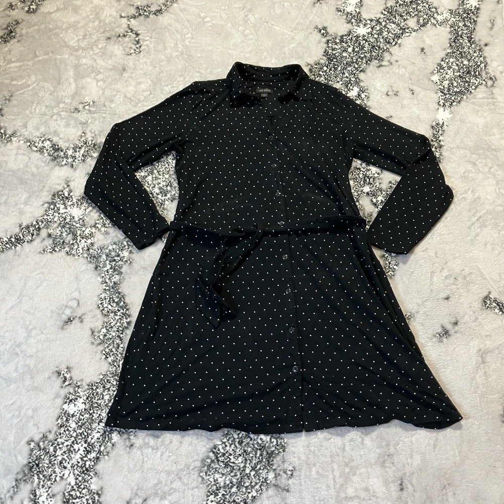 J Jill Wearever Shirt Dress Womens Size Small P Black Polka Dot Tie Waist